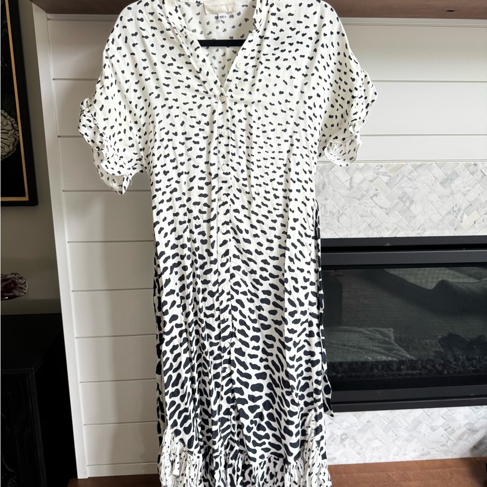 Corey Lynn Calter Black and White Ruffled Wrap Midi Dress